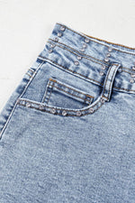 Load image into Gallery viewer, Beau Blue Rhinestone Light Wash Raw Hem High Waist Denim Shorts - Fashion Queen -  17
