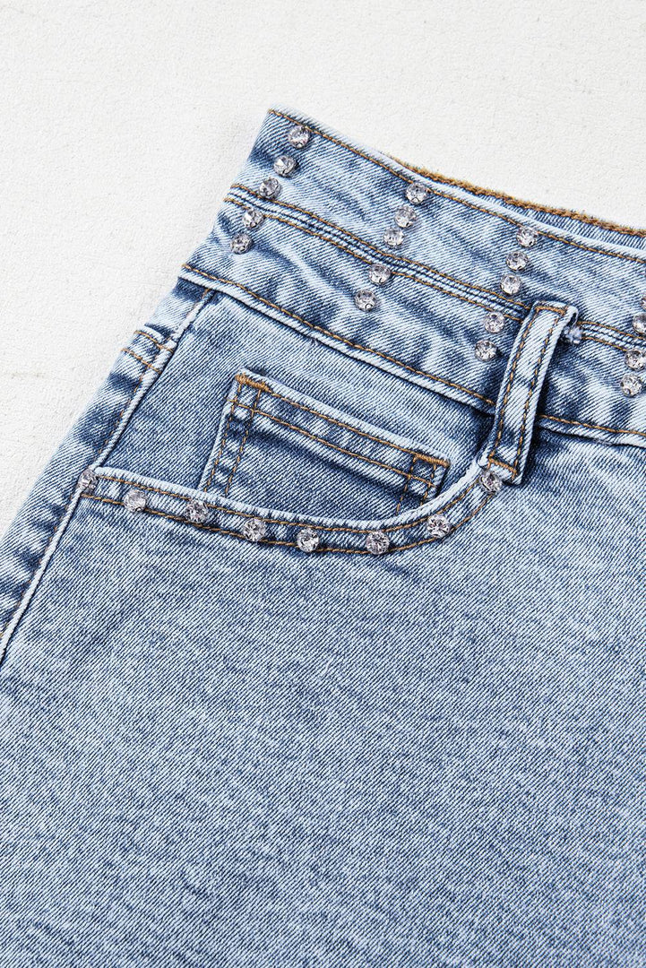 Beau Blue Rhinestone Light Wash Raw Hem High Waist Denim Shorts - Fashion Queen -  17