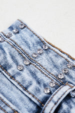 Load image into Gallery viewer, Beau Blue Rhinestone Light Wash Raw Hem High Waist Denim Shorts - Fashion Queen -  18
