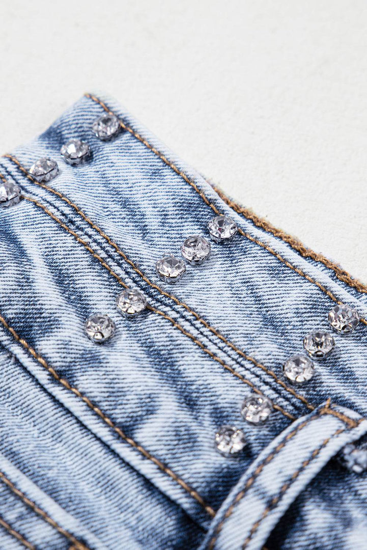 Beau Blue Rhinestone Light Wash Raw Hem High Waist Denim Shorts - Fashion Queen -  18