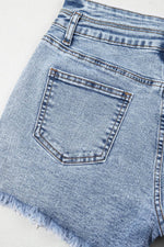 Load image into Gallery viewer, Beau Blue Rhinestone Light Wash Raw Hem High Waist Denim Shorts - Fashion Queen -  20
