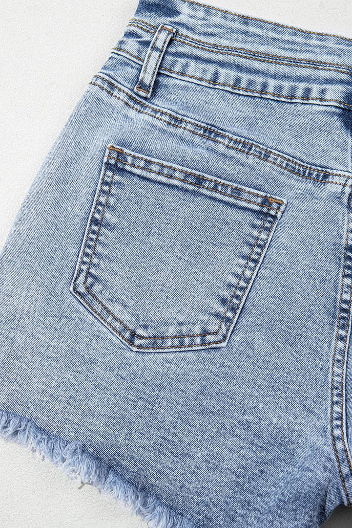 Beau Blue Rhinestone Light Wash Raw Hem High Waist Denim Shorts - Fashion Queen -  20