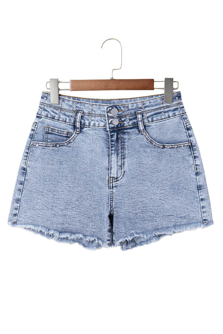 Beau Blue Rhinestone Light Wash Raw Hem High Waist Denim Shorts - Fashion Queen -  21