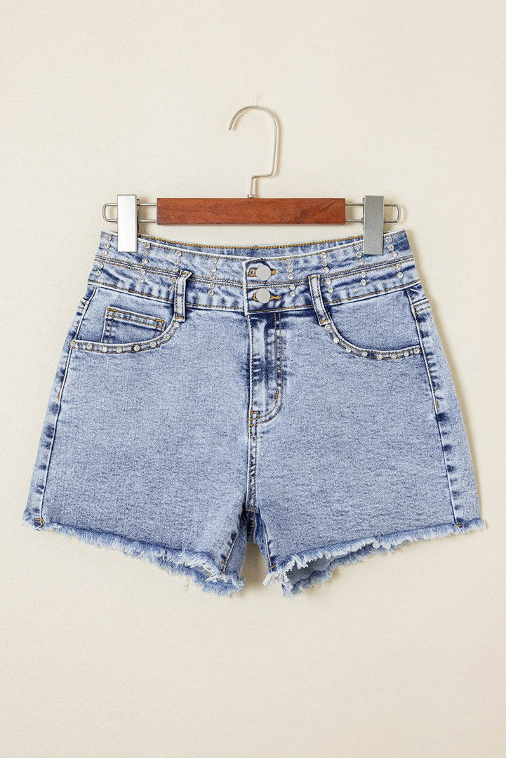 Beau Blue Rhinestone Light Wash Raw Hem High Waist Denim Shorts - Fashion Queen -  22
