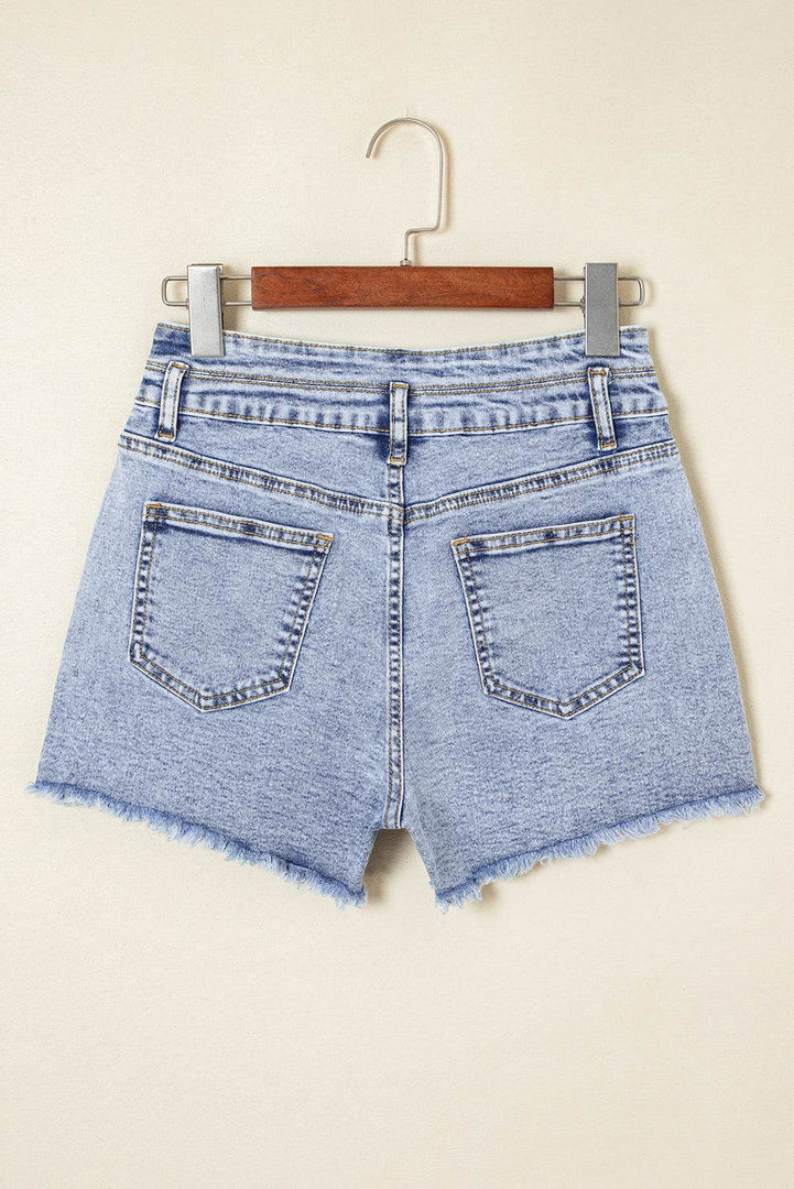 Beau Blue Rhinestone Light Wash Raw Hem High Waist Denim Shorts - Fashion Queen -  23