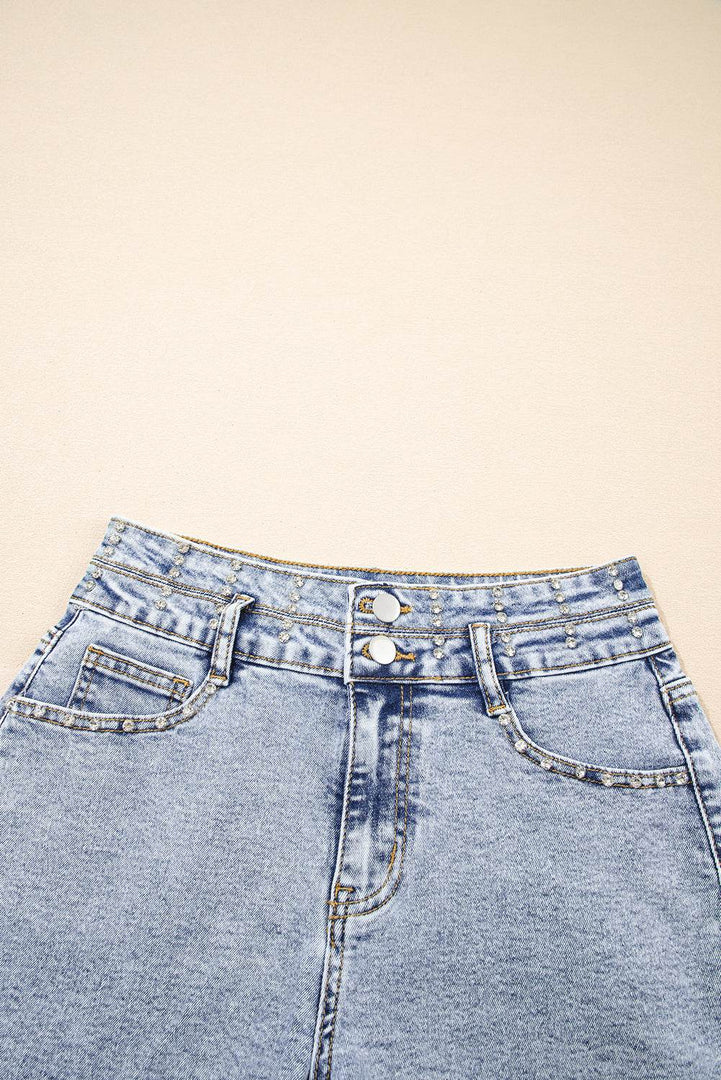 Beau Blue Rhinestone Light Wash Raw Hem High Waist Denim Shorts - Fashion Queen -  25