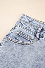 Load image into Gallery viewer, Beau Blue Rhinestone Light Wash Raw Hem High Waist Denim Shorts - Fashion Queen -  26
