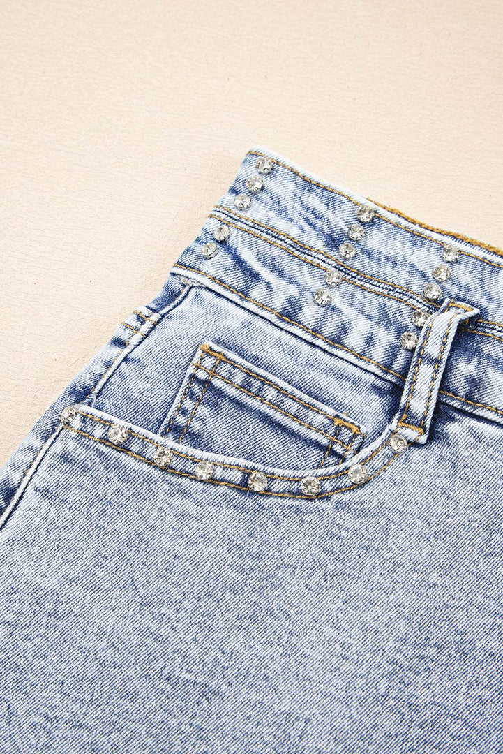 Beau Blue Rhinestone Light Wash Raw Hem High Waist Denim Shorts - Fashion Queen -  26