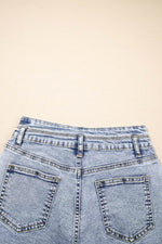 Load image into Gallery viewer, Beau Blue Rhinestone Light Wash Raw Hem High Waist Denim Shorts - Fashion Queen -  28
