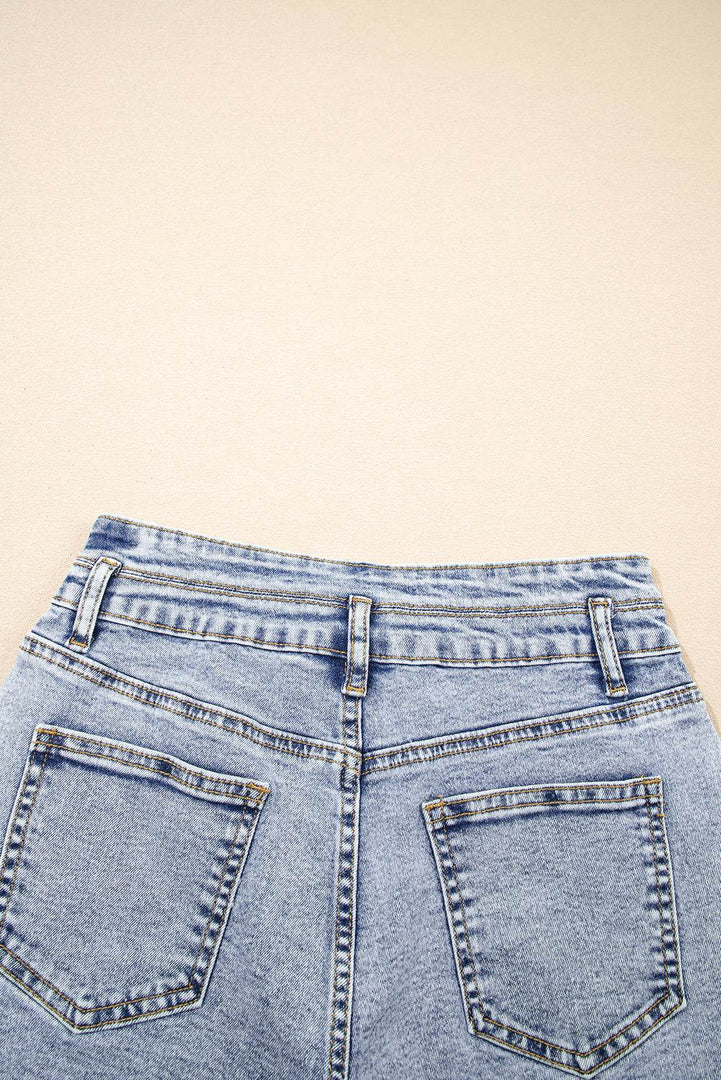 Beau Blue Rhinestone Light Wash Raw Hem High Waist Denim Shorts - Fashion Queen -  28