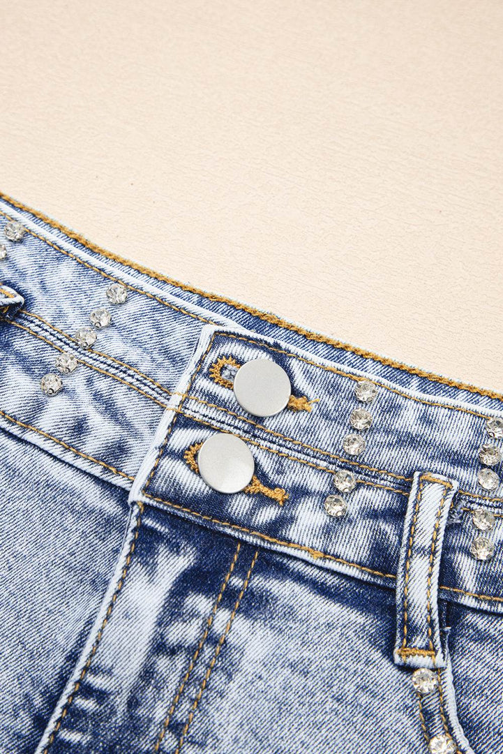 Beau Blue Rhinestone Light Wash Raw Hem High Waist Denim Shorts - Fashion Queen -  29