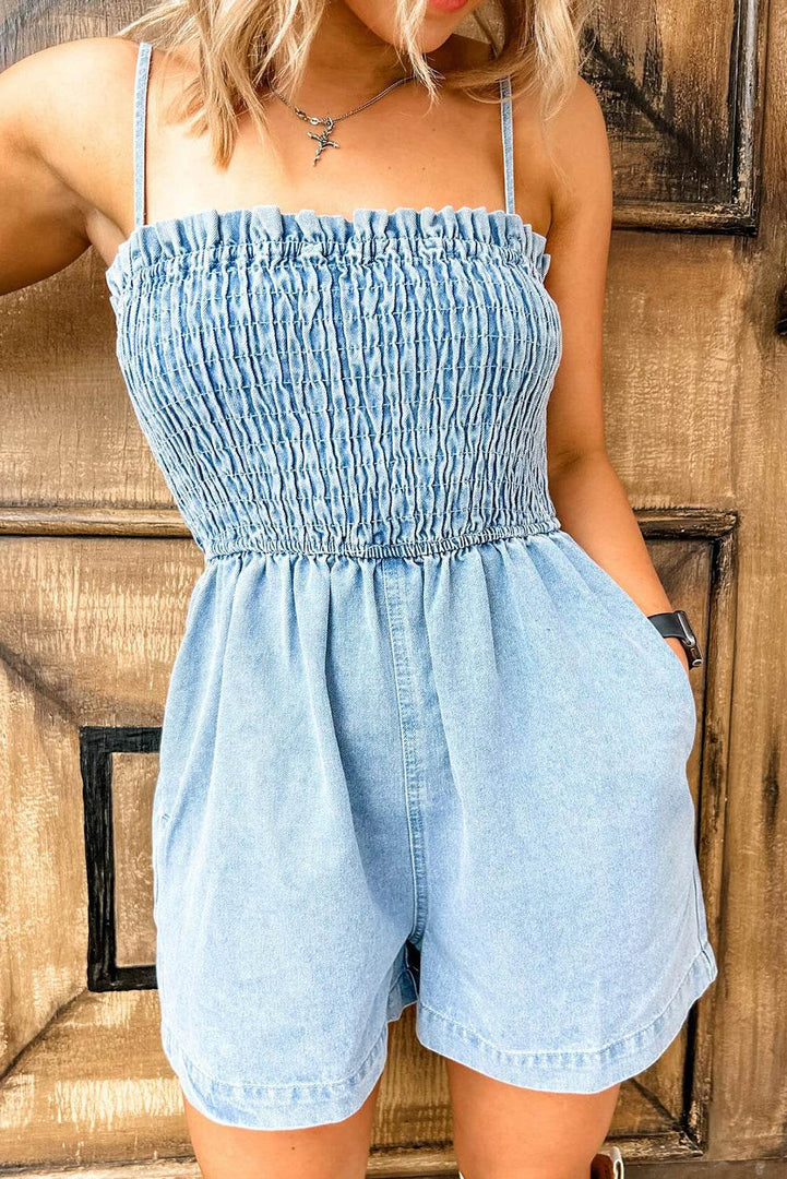 Beau Blue Spaghetti Strap Smocked Denim Romper - Fashion Queen -  7