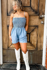 Load image into Gallery viewer, Beau Blue Spaghetti Strap Smocked Denim Romper - Fashion Queen -  8

