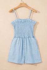 Load image into Gallery viewer, Beau Blue Spaghetti Strap Smocked Denim Romper - Fashion Queen -  9
