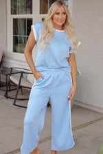 Load image into Gallery viewer, Beau Blue Textured Colorblock Edge Tank Top High Waist Pants Set - Fashion Queen -  5

