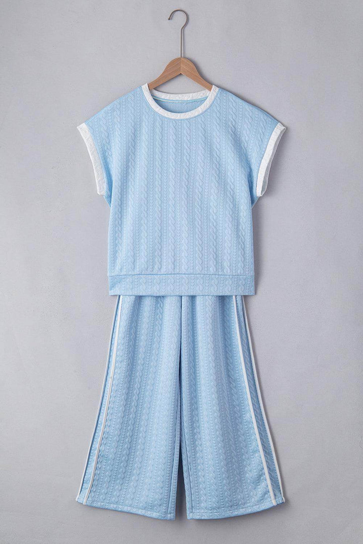 Beau Blue Textured Colorblock Edge Tank Top High Waist Pants Set - Fashion Queen -  8