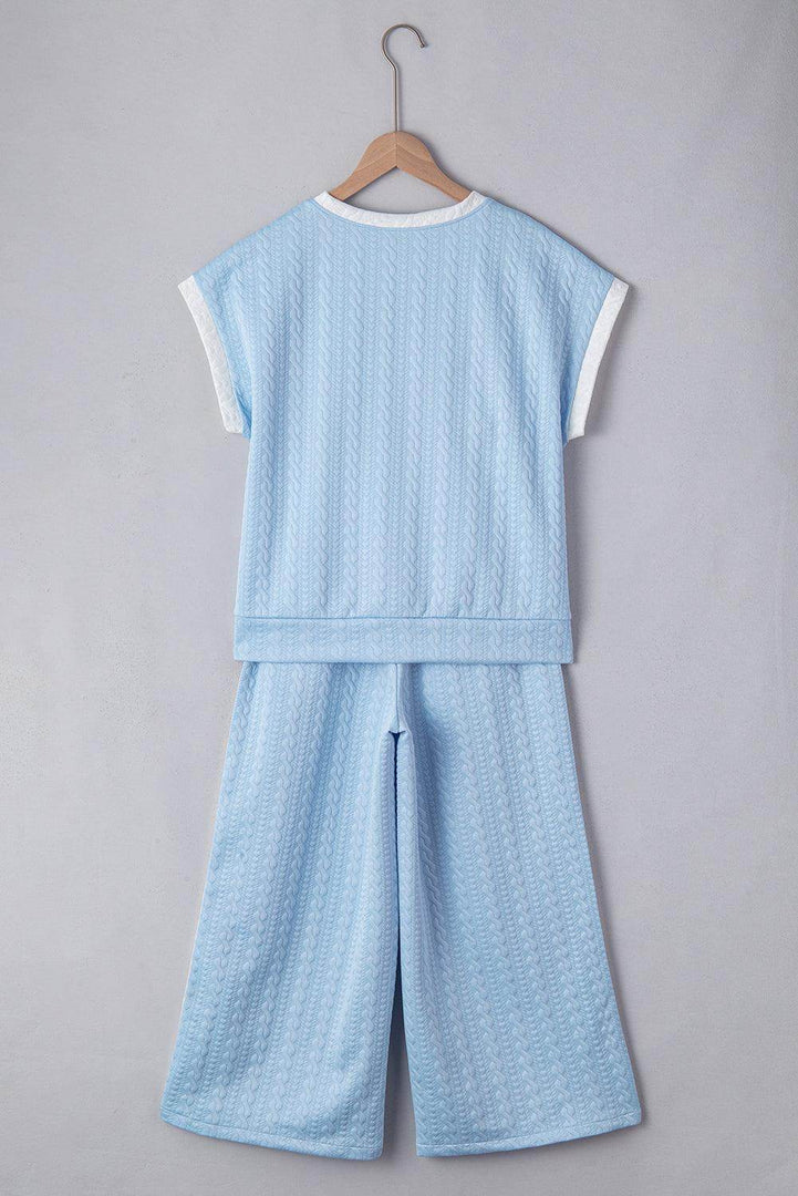 Beau Blue Textured Colorblock Edge Tank Top High Waist Pants Set - Fashion Queen -  9