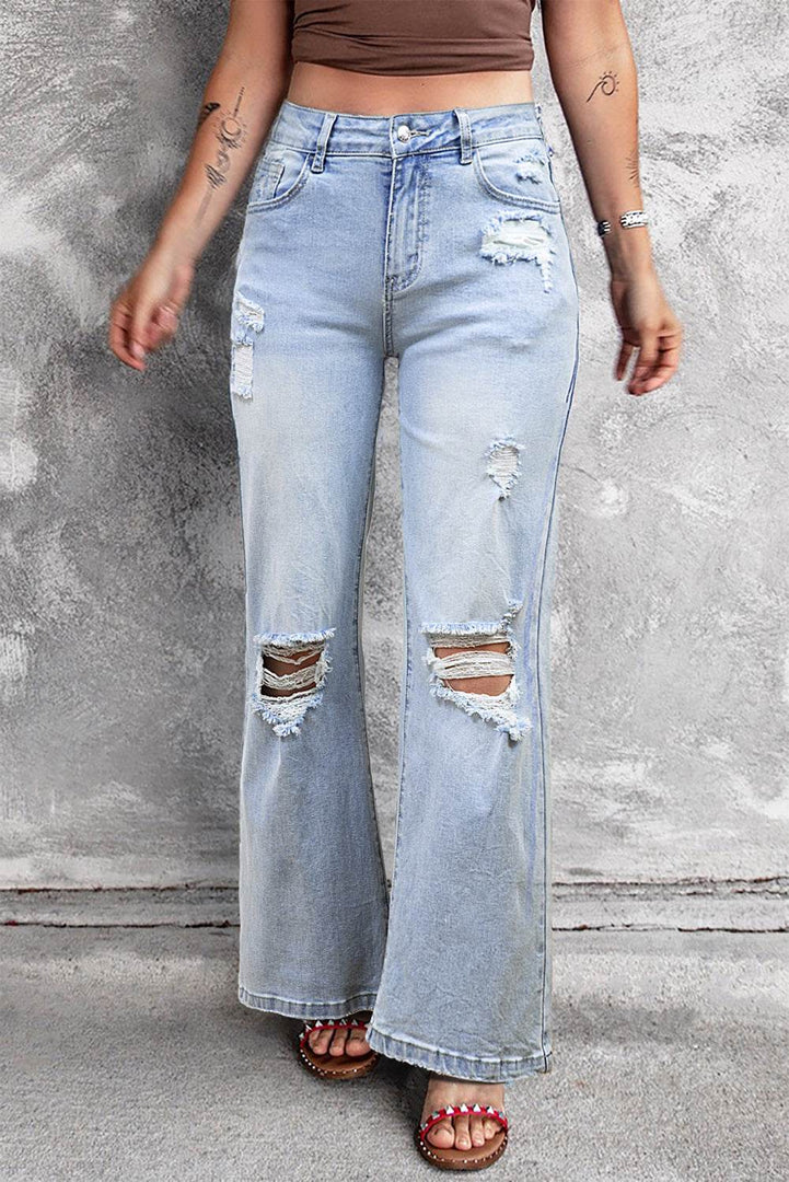 Beau Blue Vintage Light Wash Distressed Flare Jeans - Fashion Queen -  1