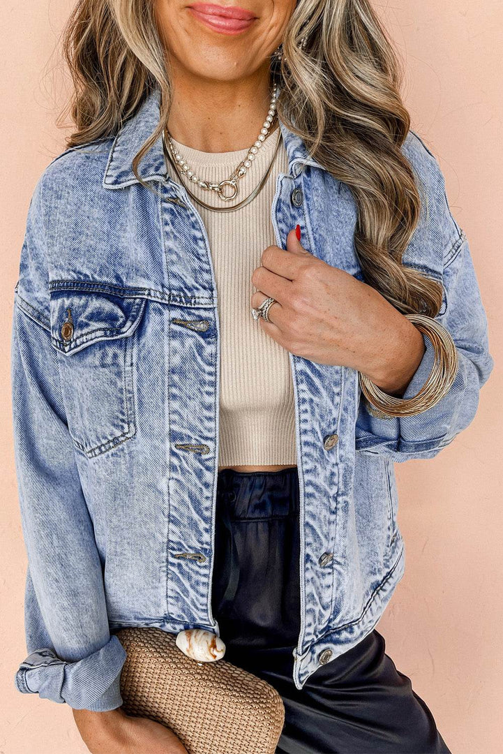 Beau Blue Vintage Washed Flap Pockets Denim Jacket - Fashion Queen -  5
