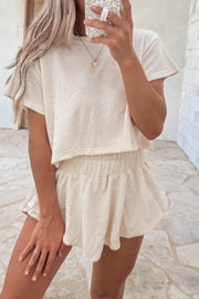 Beige 2pcs Cropped Tee and Ruffle High Waist Skort Set - Fashion Queen -  1