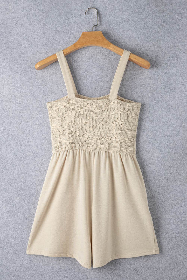 Beige Buttons Smocked Sleeveless Romper - Fashion Queen -  12