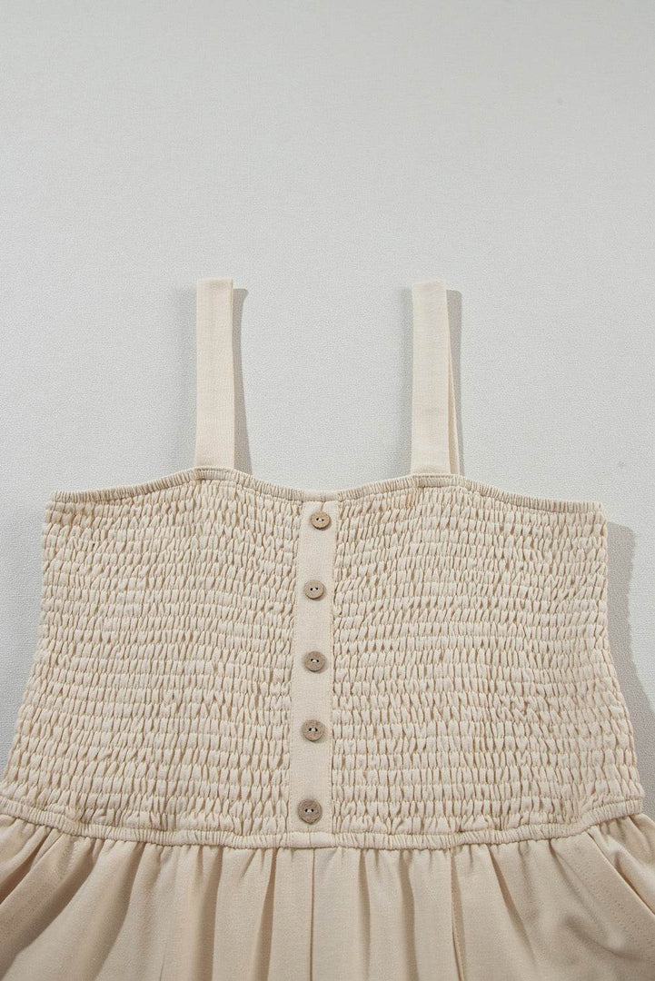 Beige Buttons Smocked Sleeveless Romper - Fashion Queen -  13