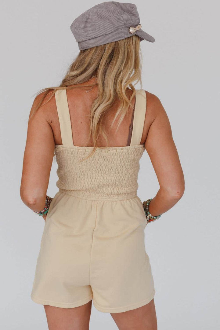 Beige Buttons Smocked Sleeveless Romper - Fashion Queen -  2