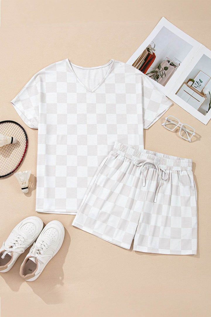 Beige Checkered V Neck Tee Drawstring Shorts Lounge Set - Fashion Queen -  15