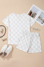 Load image into Gallery viewer, Beige Checkered V Neck Tee Drawstring Shorts Lounge Set - Fashion Queen -  16
