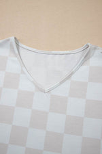 Load image into Gallery viewer, Beige Checkered V Neck Tee Drawstring Shorts Lounge Set - Fashion Queen -  17
