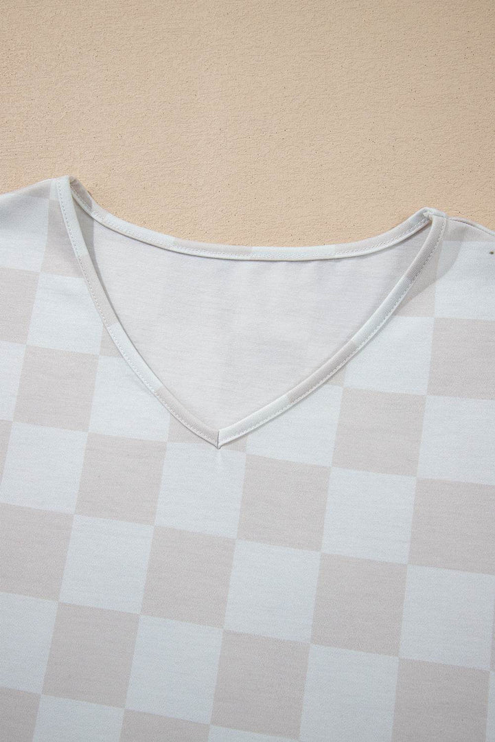 Beige Checkered V Neck Tee Drawstring Shorts Lounge Set - Fashion Queen -  17