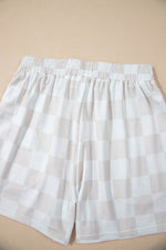 Load image into Gallery viewer, Beige Checkered V Neck Tee Drawstring Shorts Lounge Set - Fashion Queen -  20
