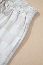Load image into Gallery viewer, Beige Checkered V Neck Tee Drawstring Shorts Lounge Set - Fashion Queen -  22
