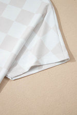 Load image into Gallery viewer, Beige Checkered V Neck Tee Drawstring Shorts Lounge Set - Fashion Queen -  25
