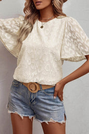 Beige Elegant Jacquard Butterfly Sleeve Blouse - Fashion Queen -  1