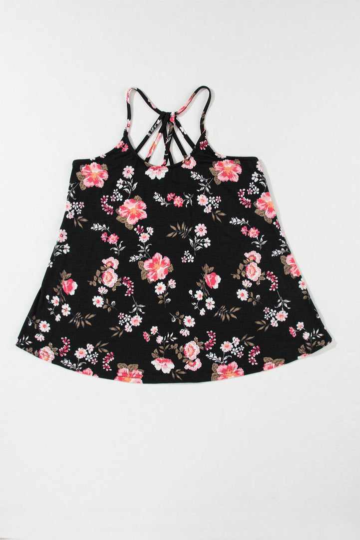 Beige Floral Spaghetti Straps Strappy Back Tank Top - Fashion Queen -  17