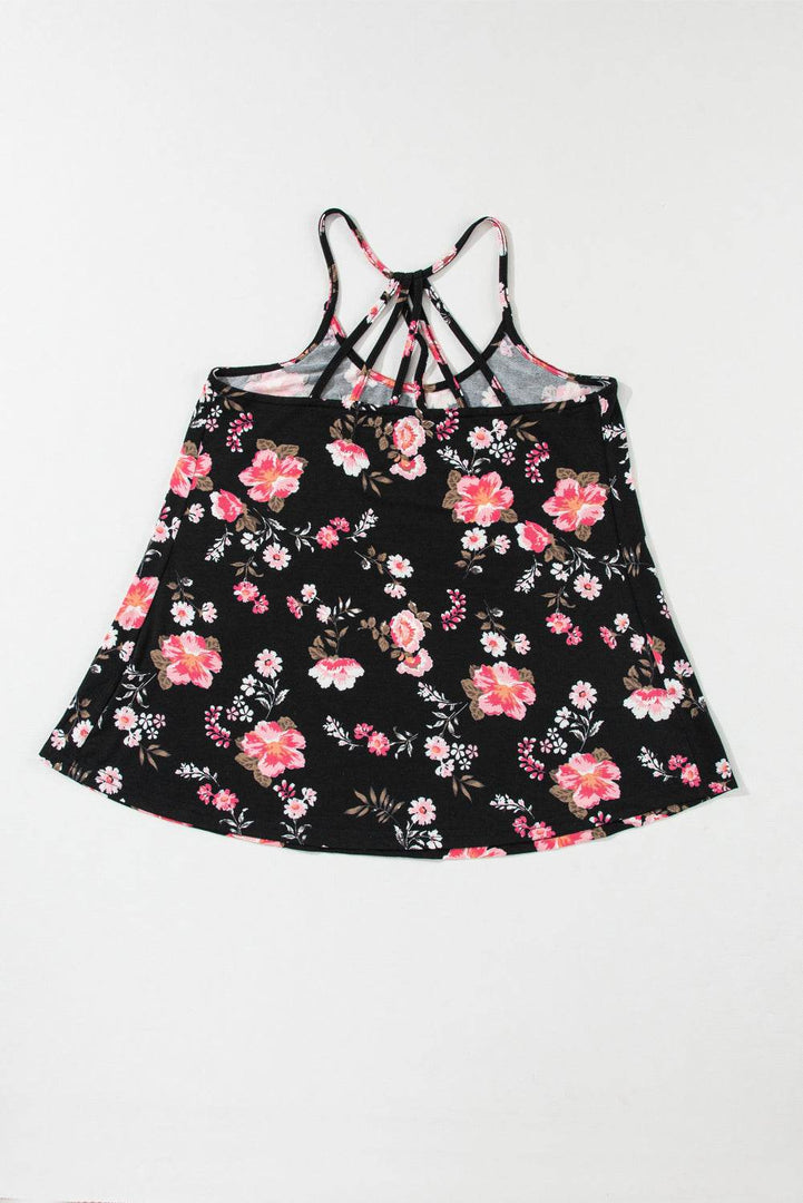 Beige Floral Spaghetti Straps Strappy Back Tank Top - Fashion Queen -  18