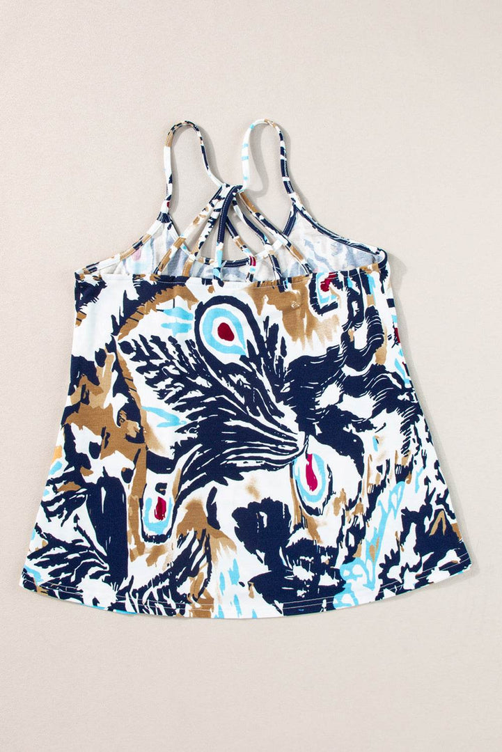 Beige Floral Spaghetti Straps Strappy Back Tank Top - Fashion Queen -  3