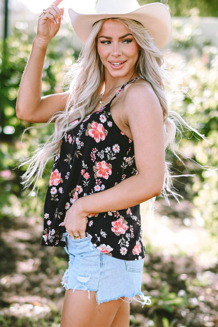 Beige Floral Spaghetti Straps Strappy Back Tank Top - Fashion Queen -  6
