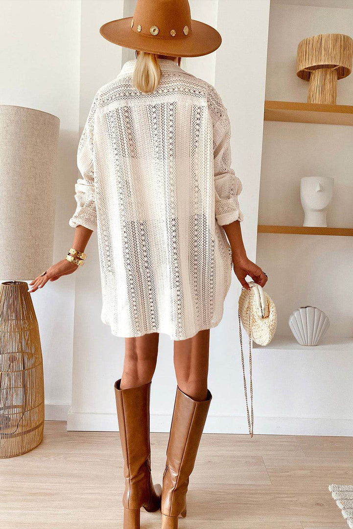 Beige Lace Crochet Collared Tunic Oversized Shirt - Fashion Queen -  2