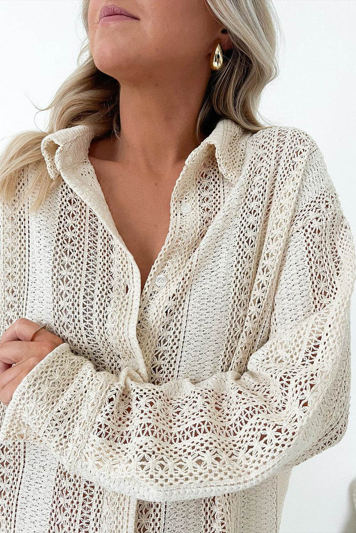 Beige Lace Crochet Collared Tunic Oversized Shirt - Fashion Queen -  3