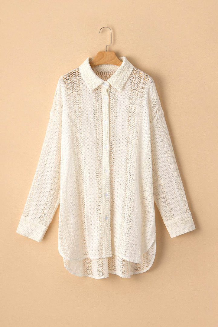 Beige Lace Crochet Collared Tunic Oversized Shirt - Fashion Queen -  4