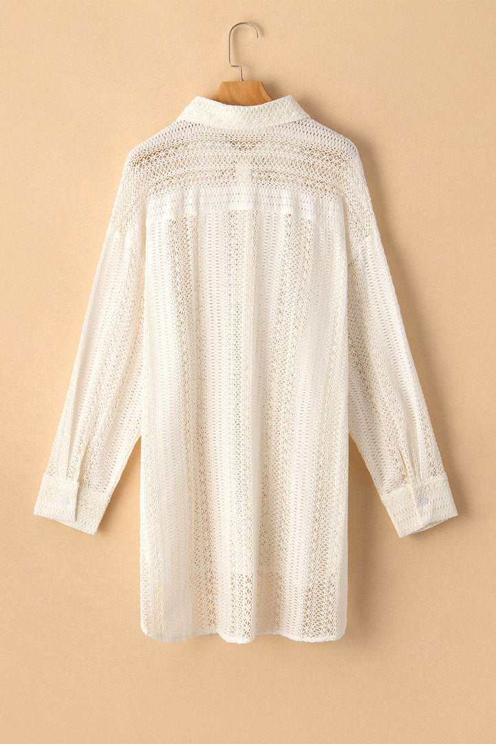 Beige Lace Crochet Collared Tunic Oversized Shirt - Fashion Queen -  5