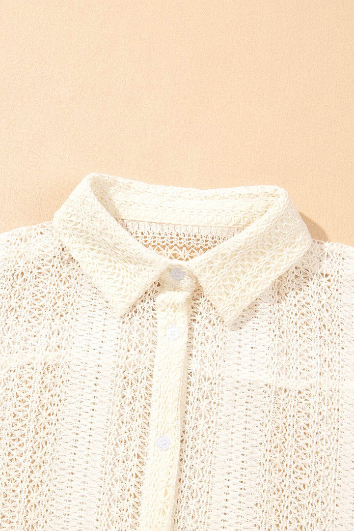 Beige Lace Crochet Collared Tunic Oversized Shirt - Fashion Queen -  6