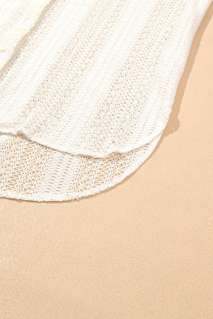 Beige Lace Crochet Collared Tunic Oversized Shirt - Fashion Queen -  8