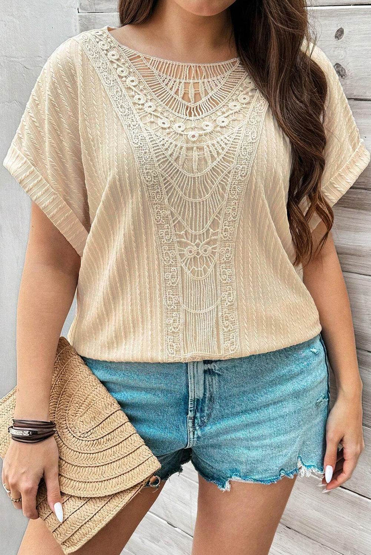 Beige Lace Crochet Patched Cable Textured Cuffed Short Sleeve Plus Size Top - Fashion Queen -  1