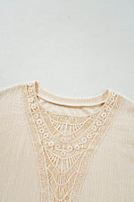 Load image into Gallery viewer, Beige Lace Crochet Patched Cable Textured Cuffed Short Sleeve Plus Size Top - Fashion Queen -  10
