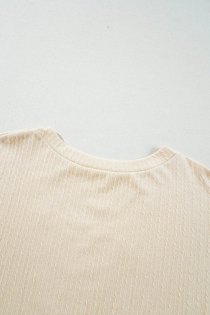 Beige Lace Crochet Patched Cable Textured Cuffed Short Sleeve Plus Size Top - Fashion Queen -  13