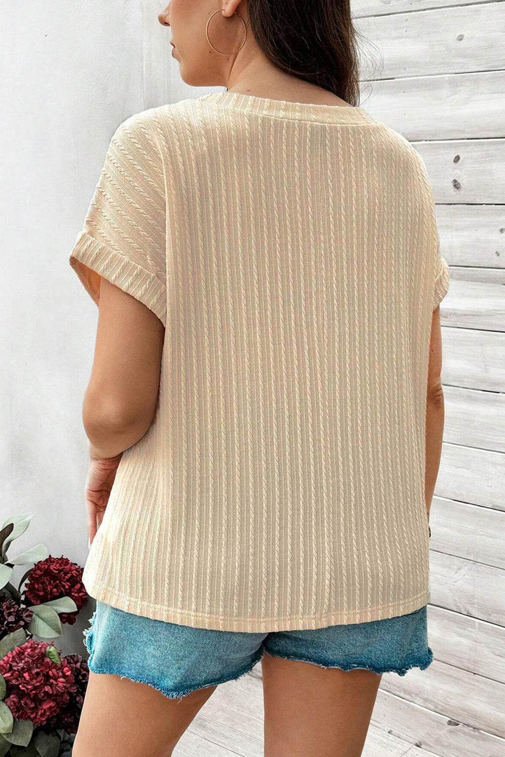 Beige Lace Crochet Patched Cable Textured Cuffed Short Sleeve Plus Size Top - Fashion Queen -  2