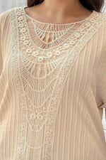 Load image into Gallery viewer, Beige Lace Crochet Patched Cable Textured Cuffed Short Sleeve Plus Size Top - Fashion Queen -  6
